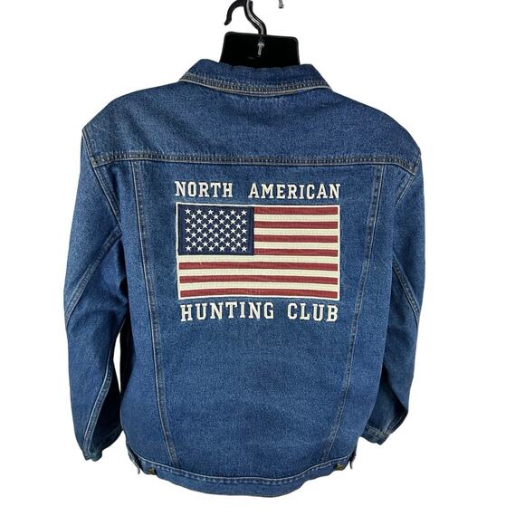 Vintage Denim Trucker Jacket North America Hunting Club Flag Graphic Large Mens - Picture 1 of 11